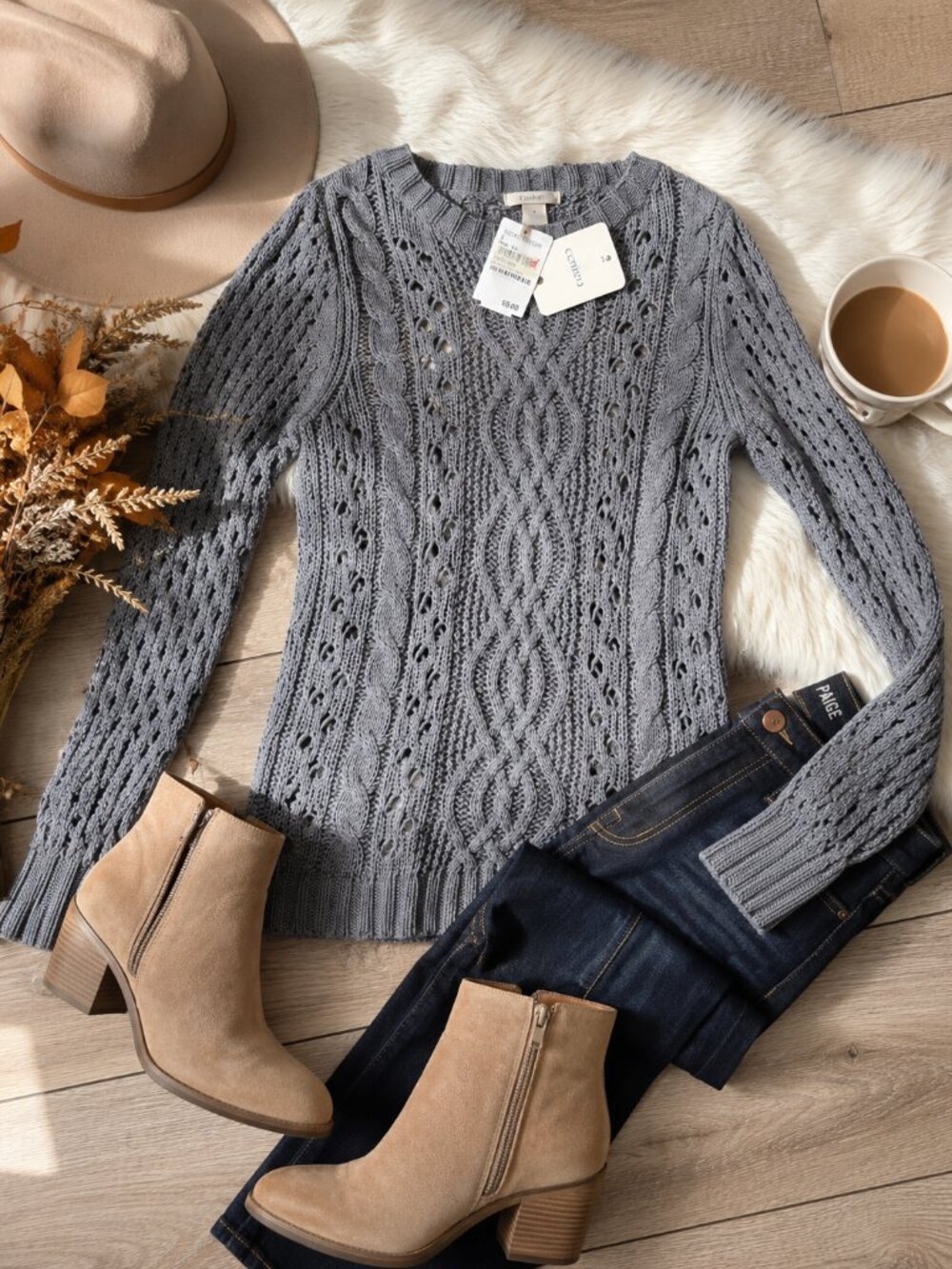 NWT Caslon Gray Cable Knit Sweater Size Small Nordstrom Open Knit Pullover